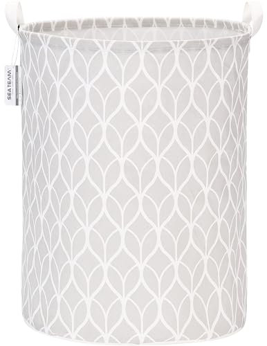 Sea Team 19.7 Inch Large Sized Waterproof Coating Ramie Cotton Fabric Folding Laundry Hamper Bucket Cylindric Burlap Canvas Storage Basket with Stylish Bud Grey Design