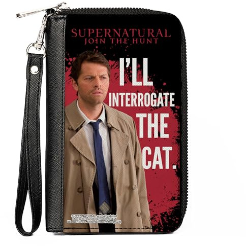 Buckle-Down Supernatural Geldbörse aus veganem Leder mit umlaufendem Reißverschluss | Castiel Ill Interrogate The Cat Black Blood Splatter White Billfold Credit Card and ID Slots