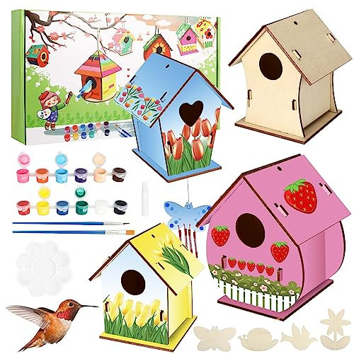 Vogelhaus Bausatz Kinder,DIY Set 4 Stück Bastelset Mit 4 Windspielen Kinder zu Bauen und Malen,Spielzeug Geschenke für Jungen Mädchen,Bird House Construction Kit,Holz Vogelhaus Puzzle Machen Set