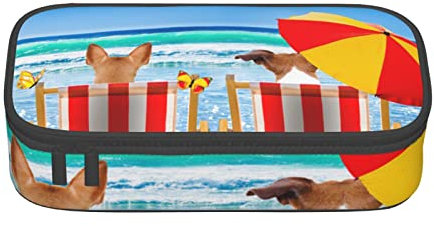 Federmäppchen für Mädchen und Jungen, Motiv Hund zum Entspannen am Strandkorb, leicht, strapazierfähig, Schreibwaren-Organizer-Tasche