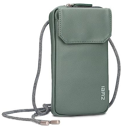 Zwei Handytasche zum Umhängen Mademoiselle.M MP30 Smartphone-Etui & Geldbörse 2-in-1, umlaufender Reißverschluss, längenverstellbarer Riemen, Mini-Handtasche 19 x 10 x 3 cm (Eucalyptus)