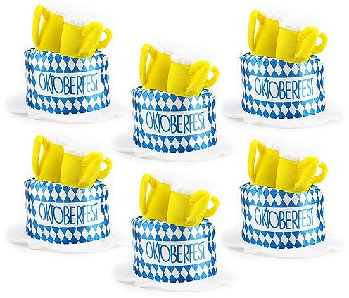 Adults Bavarian Beer Stein Hat - Pack of 6 Blue and White Checked Oktoberfest Hat with Beer Stein Detail - Adults German Oktoberfest Fancy Dress Costume Accessory