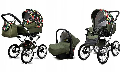 BabyLux® Kinderwagen Set 3 in 1 - Margaret Exclusive - incl. Babywanne, Buggy Sportsitz, Auto-Babyschale - Autositz - Kinderwagenset - Kombikinderwagen mit Wickeltasche, Regenschutz usw.