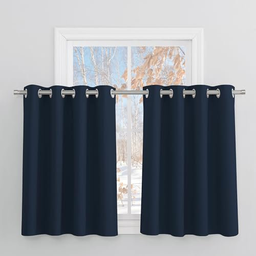 PONY DANCE Scheibengardinen Blickdicht Kurzgardinen Küche Ösenschal 2er Set H 90 x B 132 cm Verdunklungsvorhänge Kinderzimmer Vorhang Blickdicht Kurz, Dunkelblau