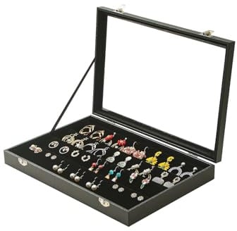 Coward Earring Organizer Tray Box, Black Velvet Earring Jewelry Display Storage Tray Case with Transparent Glass Lid for Home Drawer or Shop Selling