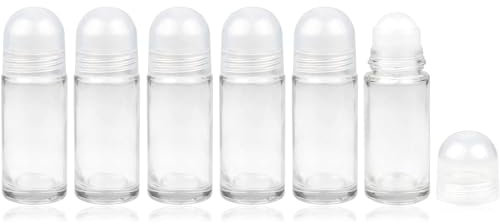 6Pieces Deodorant Roll on Bottles,50ml Glass Empty Refillable Roller Bottles,Reusable Leak Proof DIY Glass Containers with Rollerball&Clear Cap for Essential Oil Perfumes Balms