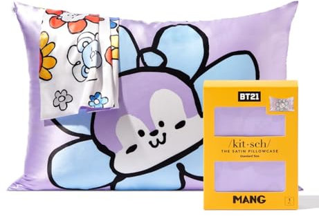 BT21 x Kitsch Satin-Kissenbezüge mit Reißverschluss, weicher als Maulbeerseide-Kissenbezüge, Standardgröße, 1 Stück, glatt, kühlende Kissenbezüge für Haare, Hautgesundheit und Schönheitsschlaf 48,3 x