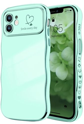 LCHULLE for iPhone 11 Case for Women Girls,Cute Curly Wave Frame Shape Love Heart Pattern Phone Case,Raised Camera Protection Luxury Plating Shockproof Cover for iPhone 11 6.1,Light Green