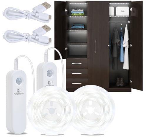 Hoobabuy Tira LED con Sensor Movimiento y Sensor Luz, Batería Recargable, Iluminación LED debajo gabinete para Armario, Escaleras, Habitación Bebé, Cocina, 2M*2, Blanco Frío 6500K