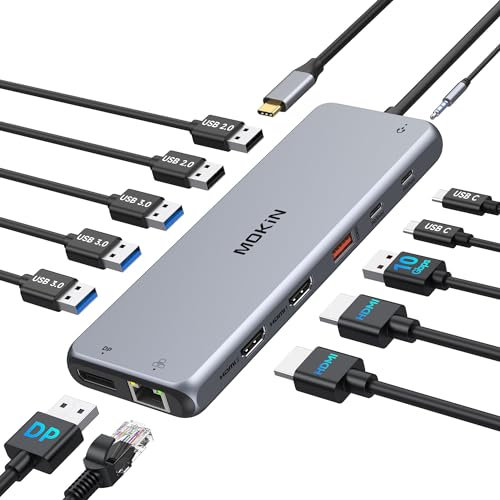 USB C Docking Station 13 in 1 Triple Display Dual Monitor USB C Hub Multiple Adapter con 2 HDMI/DP4k@60p+USB3.1+Ethernet+3.5mmAudio, USB C Docking Station con MacBook/DELL/HP/ThinkPad/Surface