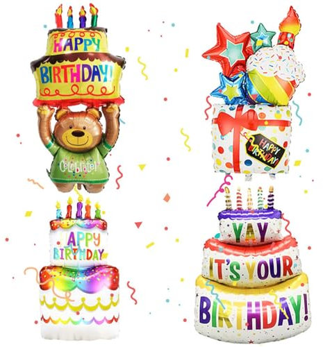 Folienballon Happy Birthday Torten XXL, 4 Stück Happy Birthday Folienballon Stehend, Happy Birthday Deko Bär, Torten Ballon und Geschenk Ballon, Kuchen Folienluftballon Party Dekoration