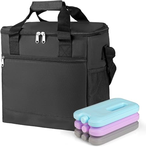 Ultimative isolierte Kühltasche mit 3 Kühlakkus – wasserdichte Lunchtasche mit zwei Fächern für 24 Dosen – perfekt für Strand, Reisen, Arbeit, Picknick | auslaufsicher & 20 Stunden Kühlung (schwarz)