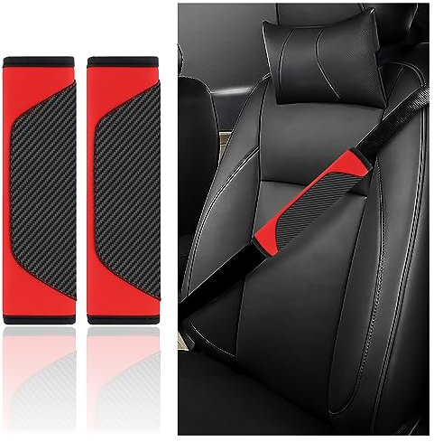 2 Stück Gurtpolster Auto - Carbonfaser-Sicherheitsgurt Polster für Schulter Schutz & Auto Deko - Universelle Auto Zubehör Innenraum Autogurt Polster für Auto LKW SUV Wohnmobil (Rot)