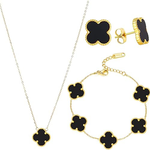 Simllyda Vierblättriges Kleeblatt Halskette Ohrringe Armband, 18K Vergoldet Vierblättriges Kleeblatt Schmuckset, Vierblättriges Glücksklee Schmuckset für Damen und Mädchen (Schwarz)
