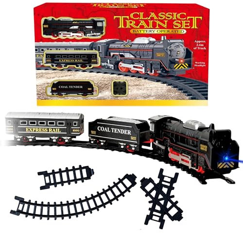 ADEPTNA Classic Kids Train Set - Vintage Age 3+ with Working Headlights, Tracks, and Sound | Battery Operated Train Toy Set for Toddlers and Children - Perfect Railway Game and Decorations