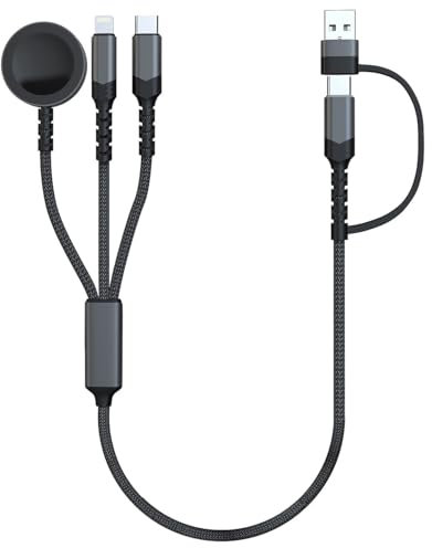 Callstel iPhone Ladekabel USB-C: 6in1-Octopus-Ladekabel für Apple Watch und iPhone, 60 Watt, 35 cm (Lightning Nylon, USB Kabel, Tablet Halterung)