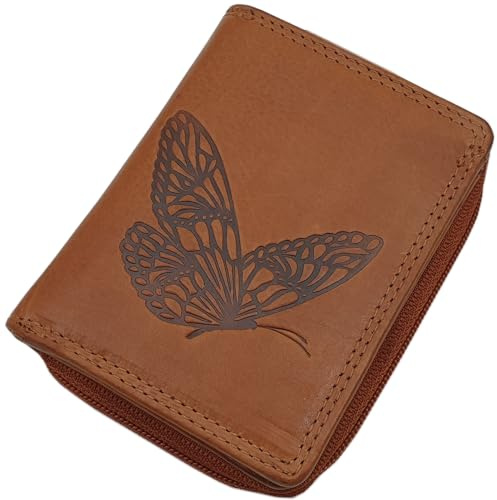 Rindleder Geldbörse mit RFID & NFC Schutz (Cognac) | Schmetterling-Motiv, Geldbeutel, Portemonnaie, Geldtasche