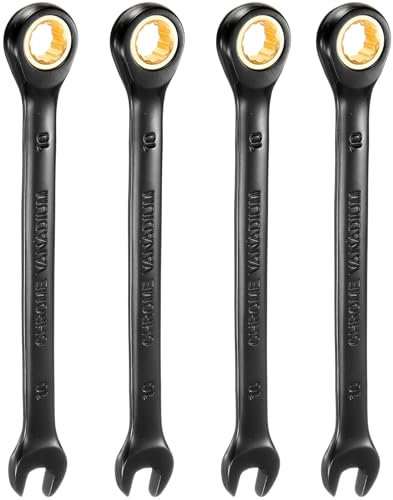 sourcing map 4Pcs Ratcheting Spanner 10mm Metric Open End Wrench 72-Teeth CR-V Steel 12 Point Nickel Plated Combination Ratchet Wrench for Fasteners Nut Bolt