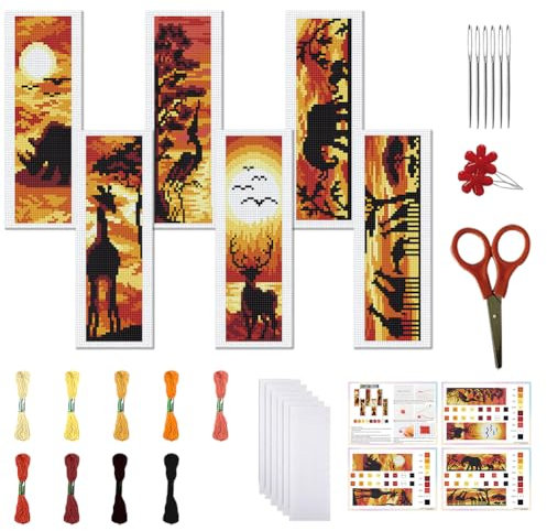 FREEBLOSS 6 Set Kreuzstich Lesezeichen Kits DIY Gestempelt Stickerei Lesezeichen Kit für Anfänger Sonnenuntergang 14 Count Kreuzstich Projekte für Buchliebhaber