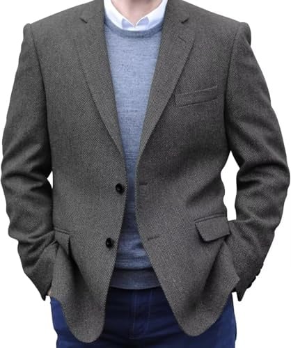 Mrbuerly Grey Tweed Blazer Men Vintage Herringbone Tweed Suit Jackets Two Button Notch Lapel Wool Blend Sports Coat XXL