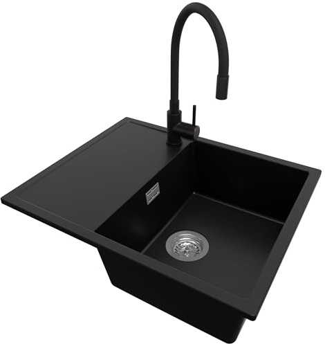 PRIMAGRAN Granitspüle ab 45er Unterschrank + Küchenarmatur, 62x50cm | Set: Küchenarmatur BW6020 + Ablauf-Set (Siphon, Ablaufgarnitur, Überlauf) + Spülbecken 1 Becken - Ibiza, Schwarz