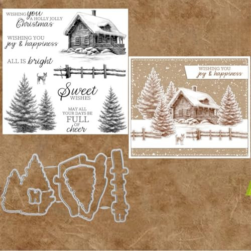 Sredwtk Winterhaus Stanzschablonen und Stempelset,Stempel und Stanzen Set,Silikonstempel und Stanzen Set,Clear Stamp und Stanzschablone Für DIY Scrapbooking Fotoalbum Dekor Karten