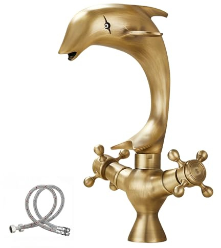 KOPYFANTAP Retro Delphin Waschbecken Wasserhahn Bronze, 360° Schwenkbar Waschtischarmatur Antik Messing, Zweigriff Mischbatterie Bad Kupfer, Waschbeckenarmatur für Badezimmer