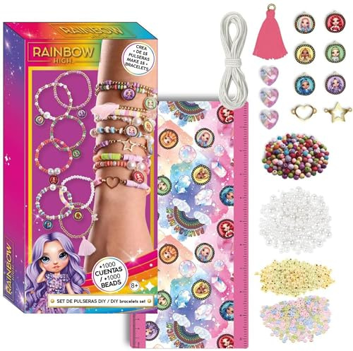 Rainbow High DIY Armband Set mit über 1000 Perlen, glitzernden Charms und Zubehör zur Herstellung von bunter Schmuck für Mädchen