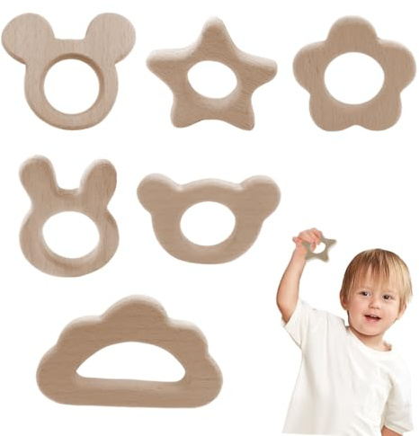 UIEXAY Baby Kinderkrankheiten, 6 Stück Hölzerne Beißringe, Natürlich Baby Holztiere Beißring, Handgefertigt Anhänger Kit für DIY Schmuck, Handwerk