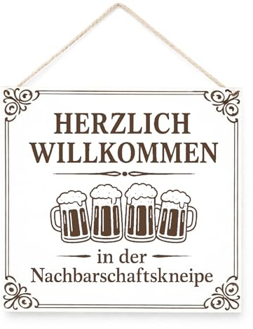 Bier Schild Willkommen – HDF graviert 15x15 cm – Kneipe Deko – Herzlich Willkommen in der Nachbarschaftskneipe | Willkommensspruch | zum Aufhängen – Liebevolle Deko für Tür, Wand, Eingang & Wohnung