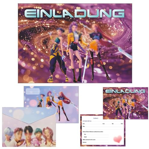AOMAIGAD Set mit 15 Demo Hunter K-pop Tanz Einladungskarten für Geburtstag mit passenden Umschlägen – Vorgedruckte Karten auf Deutsch für Geburtstagsparty und Feier