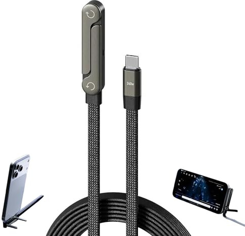 Wongiyf 2-in-1 Invisible Stand Charging Cable, 240W Fast Charging Cable with Built-in Foldable Phone Holder, 1.5M Nylon Braided 360° Rotating Elbow Type-C Cord, Sideways Charger for iPhone 17/16/15