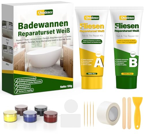 Fliesen Reparaturset – Quadence Emaille Reparaturset Wasserdicht, Stark | Fliesenreparaturset Keramik Reparaturset Waschbecken für Bad & Dusche, für Risse, Absplitterungen & kleine Löcher