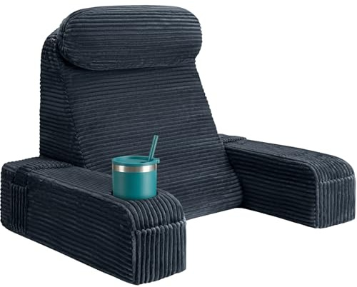 Reading Pillow for Adults, Back Pillow for Bed Sitting(BLACK-CORDUROY,21IN) | Backrest Cushion for Sitting in Bed, Detachable Arms with Built-in Cup & Phone Caddy