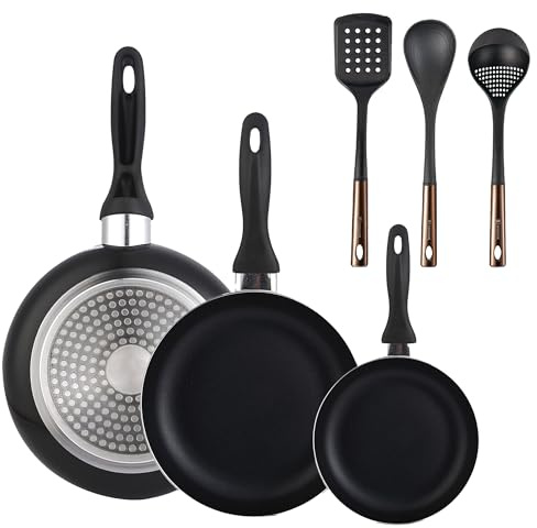 Wellhome 3-teiliges Pfannenset 16/20/24 aus gepresstem Aluminium + 3-teiliges Küchenutensilien-Set aus PBT Schwarz und Kupfer