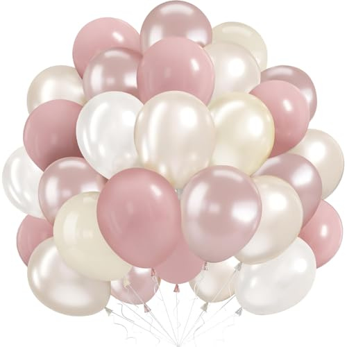 Luftballons Perle Altrosa Weiß, 60 Stück Ballons Geburtstag Rosa Beige Weiß | 12 Zoll Retro Rosa Perle Weiß Latex Helium Ballon, Mädchen Geburtstag Hochzeit Babyparty Brautparty Verlobung Rosa Party Deko