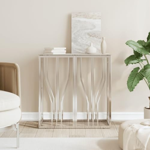 Zeehear Table console argentée 70 x 30 x 70 cm, élégante table d'appoint en acier inoxydable et verre aspect marbre, table de couloir étroite pour salon et entrée