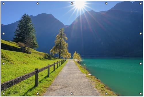 Wallario Outdoor-Poster für Garten oder Balkon Uferweg am Bergsee, Motivbanner Größe: ca. 120 x 180 cm, Outdoor-Bild
