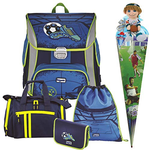 Primus Versand SOCCER BLUE - Fußball Football - Leicht-Schulranzen Set Ranzenset Baggymax SIMY Hama 6tlg. mit SCHULSPORTTASCHE, SCHULTÜTE und SCHULTÜTENSCHMUCK-SET