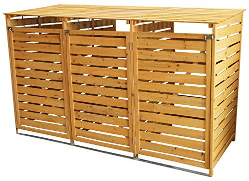 Triple poubelle en bois à roulettes verrouillable avec couvercle à charnière, pour extérieur, jardin