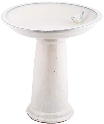Rivanto® Vogeltränke auf Fuß, für Wildvögel, Keramik, Ø 42 x H47 cm, mit Vogelfigur, Gartendekoration, creme