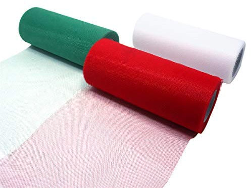 YXJD 3 Rollen Tüll Dekostoff Tüllband Tischläufer Tischband Tüllnetz für Weihnachten Hochzeit Party Deko Handwerk 15cm x 22.5m pro Rolle in Rot Weiß Grün