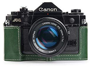 Case for Canon New AE-1 AE-1P A-1 (with Handle), Zakao Handmade Genuine Real Leather Half Camera Case Bag Cover for Canon New AE-1 AE-1P A-1 (with Handle) with Hand Strap (Green)