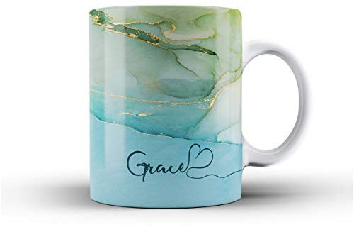 iCaseDesigner Personalised Watercolour Marble Name with Heart Ceramic Mug - 12. Green & Blue