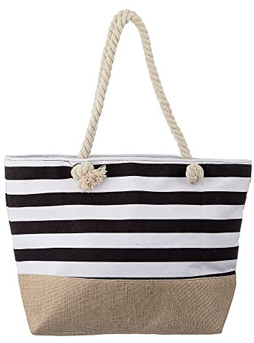 Strandtasche maritim Shoppingbag | Canvas 50x36cm schwarz weiß gestreift | Henkeltasche Shopper Umhängetasche (1 x Strandtasche schwarz gestreift)