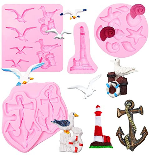 Anker Schokoladenform, 4 Packungen Muschel Möwe Silikonform mit Leuchtturm Muschel Muschel Seestern Design für Kuchendekoration, Cupcake Topper, Süßigkeiten für Baby Geburtstag