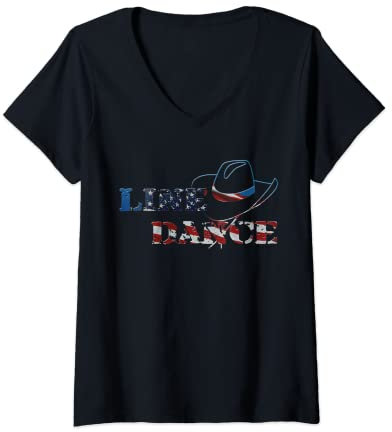 Damen Line Dance Cowboy Hut USA Flag T-Shirt mit V-Ausschnitt