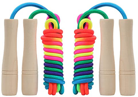 Skipping Rope Kids 2 Pack, Adjustable Children Jump Rope with Wooden Handle, Rainbow Jumping Rope for Girls and Boys(2.6M)