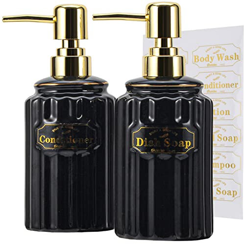 SOOKDEO Soap Dispensers, 400ml Ceramic Bottles with Gold Pumps & Waterproof Labels for Shampoo, Hand Soap, Dish Soap, Lotion, Body Wash - Ideal for Bathroom, Kitchen, Living Room, Set of 2 (Black)