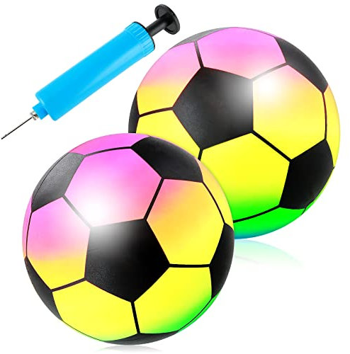 2 Pieces Inflatable Soccer Ball, 9 Inch Rainbow Playground Balls for Kids & Adults Inflatable Vinyl Balls with Added Hand Air Pump Neon Soccer Ball Rainbow Football for Playground Indoor and Outdoor
